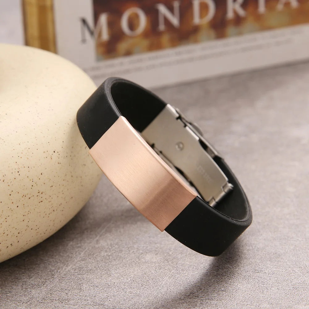 Trendy Glamour Jewelry Black Silicone Bracelet Unisex Vintage Titanium Steel Rubber Charm Unisex Fashion Accessory for Men and Women