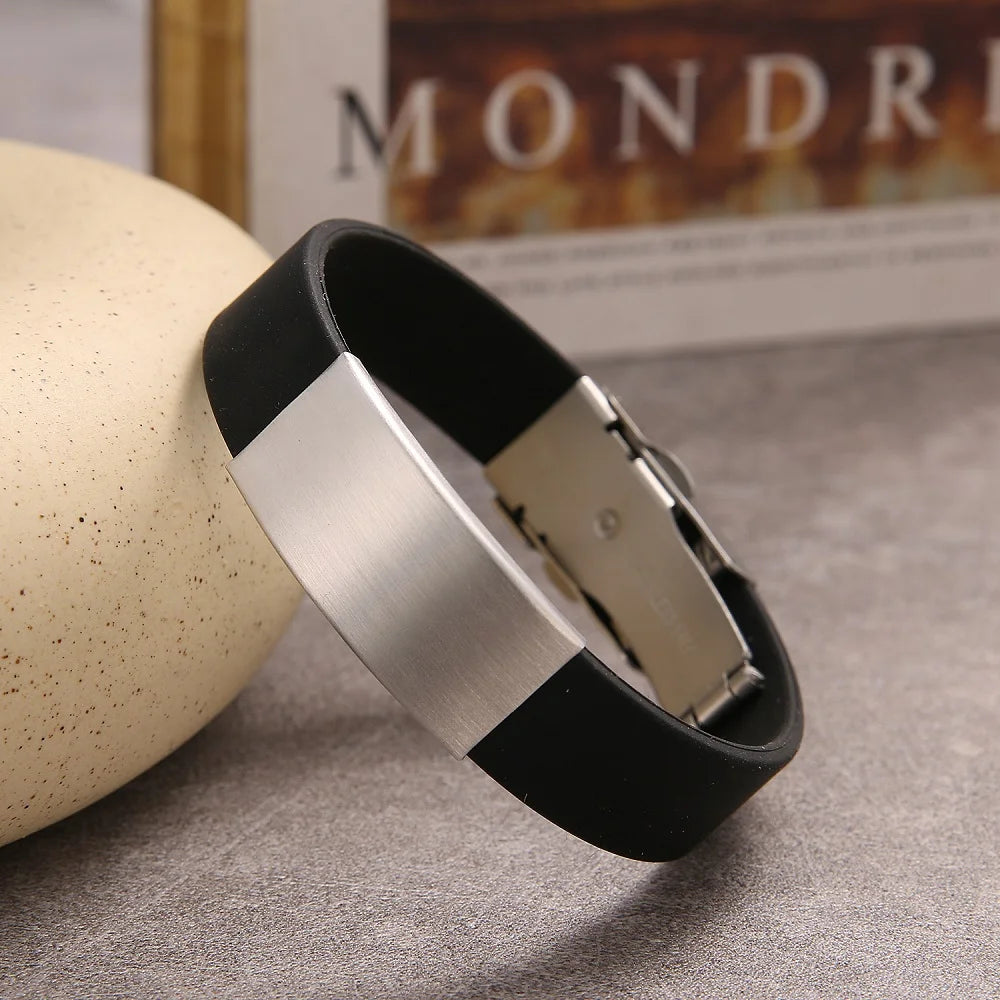 Trendy Glamour Jewelry Black Silicone Bracelet Unisex Vintage Titanium Steel Rubber Charm Unisex Fashion Accessory for Men and Women