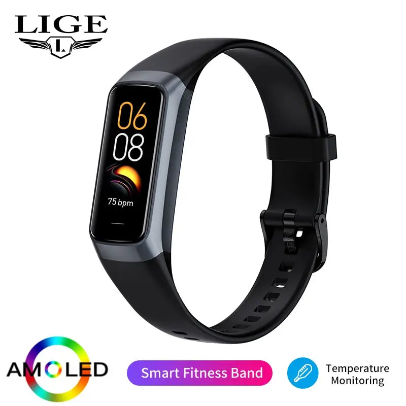 LIGE AMOLED Smart Watch for Men 2023 Heart Rate Blood Pressure Tracker Waterproof Fitness Sport Bracelet Compatible with Android & iOS